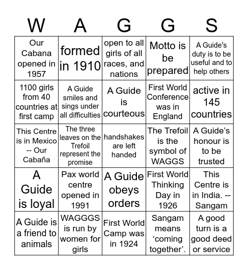 WAGGS Bingo Card