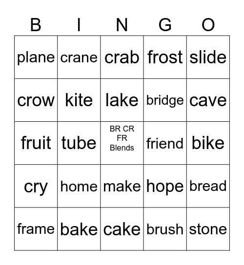 BR CR FR Blends Bingo Card
