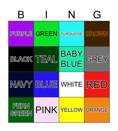 COLOURS NAME Bingo Card