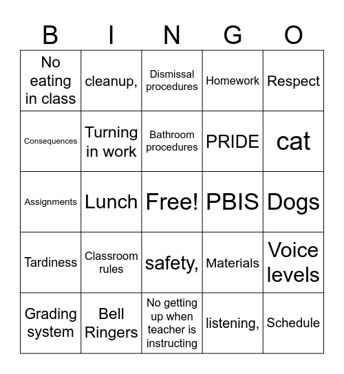 Procedure Bingo Card