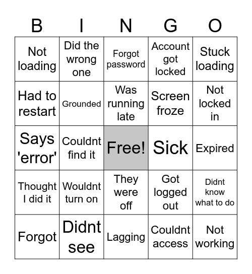 Virquls EXCUSES Bingo Card