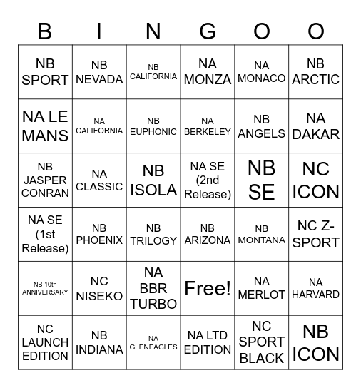 MX-5 Editon Bingo Card