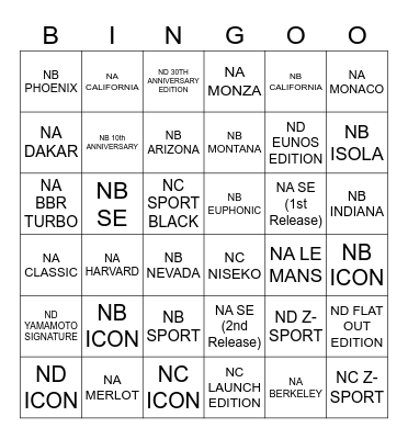 MX-5 Editon Bingo Card