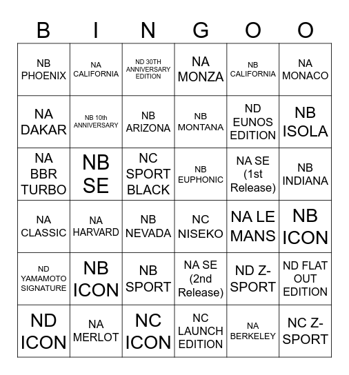 MX-5 Editon Bingo Card