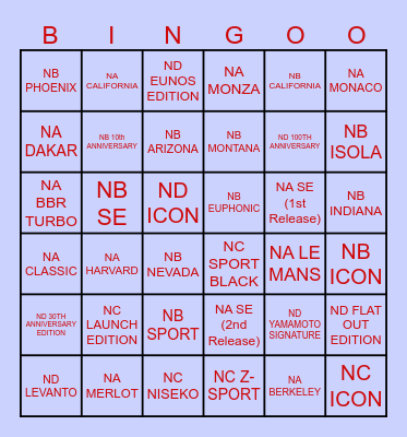 MX-5 Editon Bingo Card