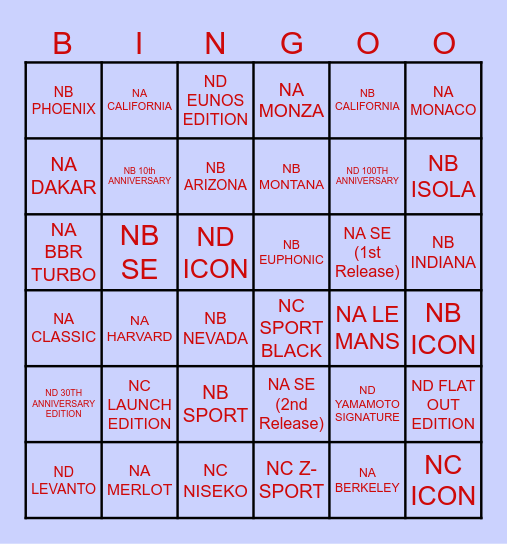 MX-5 Editon Bingo Card