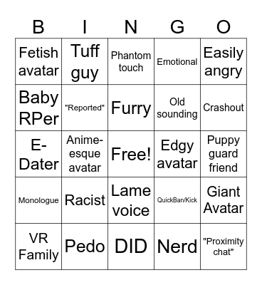 VR Chat Trolling Bingo Card