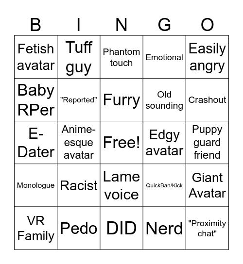 VR Chat Trolling Bingo Card