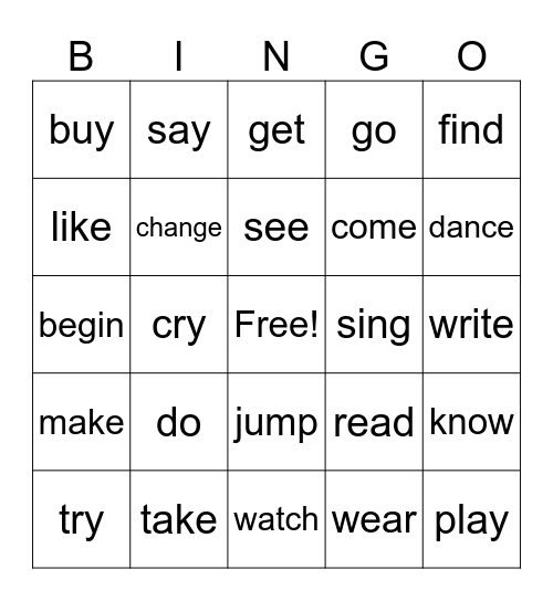 Past Tense Verb Bingo Card