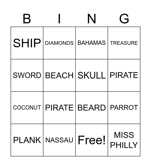 Philly T's Pirate Bingo Card