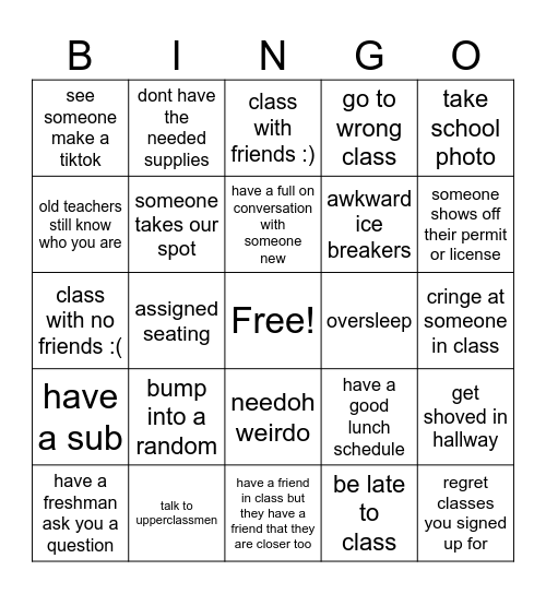 FIRST WEEK OF SCHOOL Bingo Card