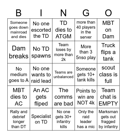 Sag Dam Bingo Card