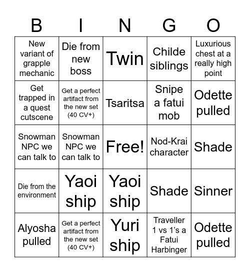 Snezhnaya Bingo Card