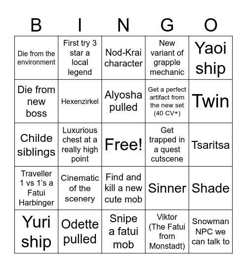 Snezhnaya BINGO Card