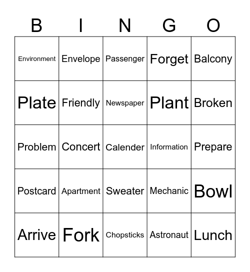 Vocabulary 12/8 Bingo Card