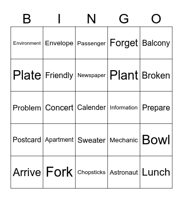 Vocabulary 12/8 Bingo Card
