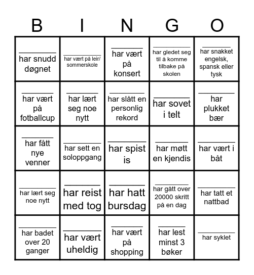 Hvem har gjort hva i sommer? Bingo Card