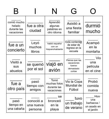 Las vacaciones de verano Bingo Card