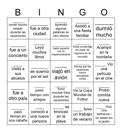 Las vacaciones de verano Bingo Card