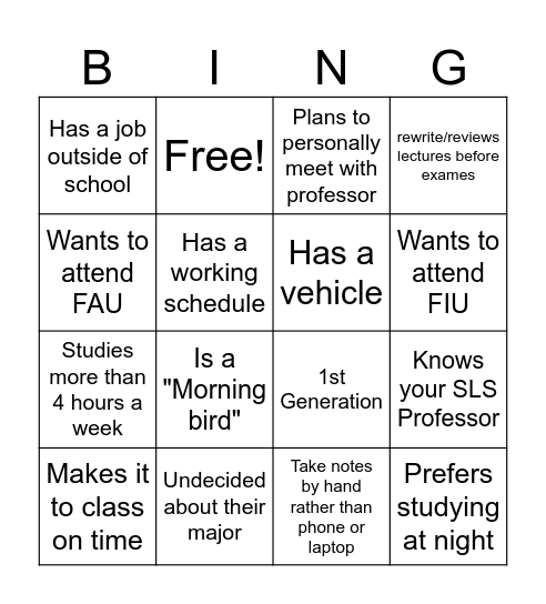 SLS 1501 Strategies for College Success Bingo Card