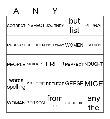 Any words form the spelling list Bingo Card