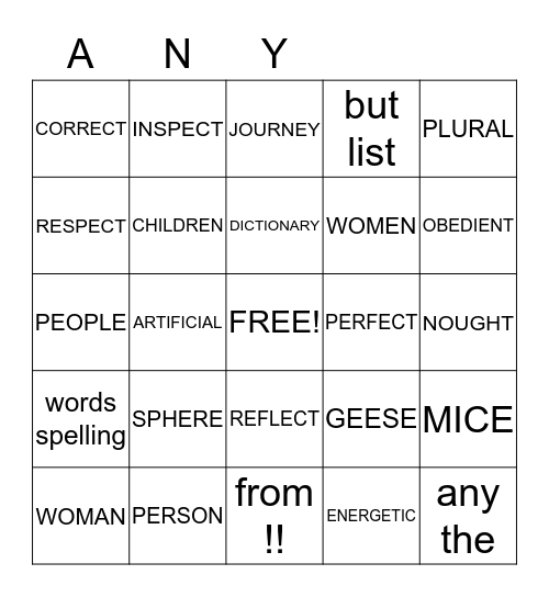 Any words form the spelling list Bingo Card