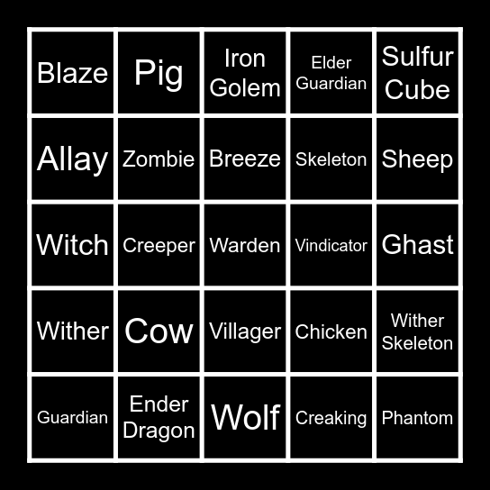 Minecraft Kill Bingo Card