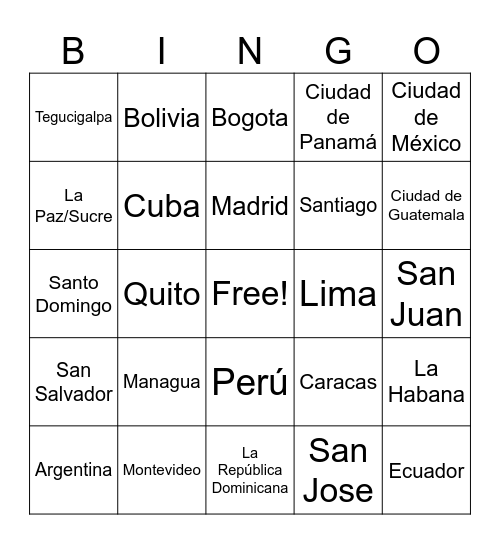 Countries/capitals Bingo Card