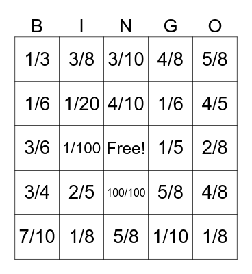 Bingo - fractions Bingo Card