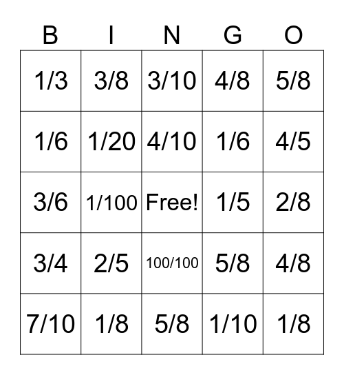 Bingo - fractions Bingo Card