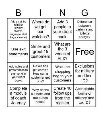 Five-Star Service Bingo Card