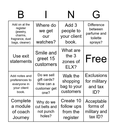 Five-Star Service Bingo Card