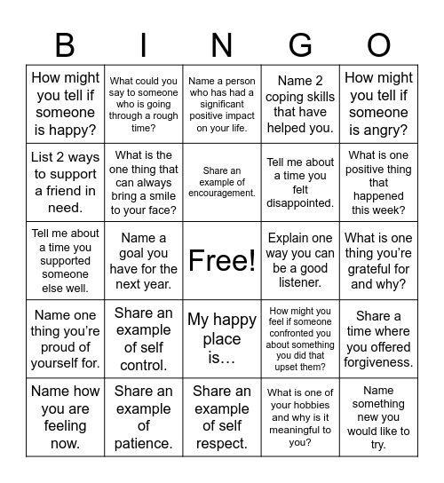 Life Skills Bingo Card