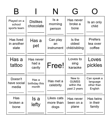 Back to School Bingo Card