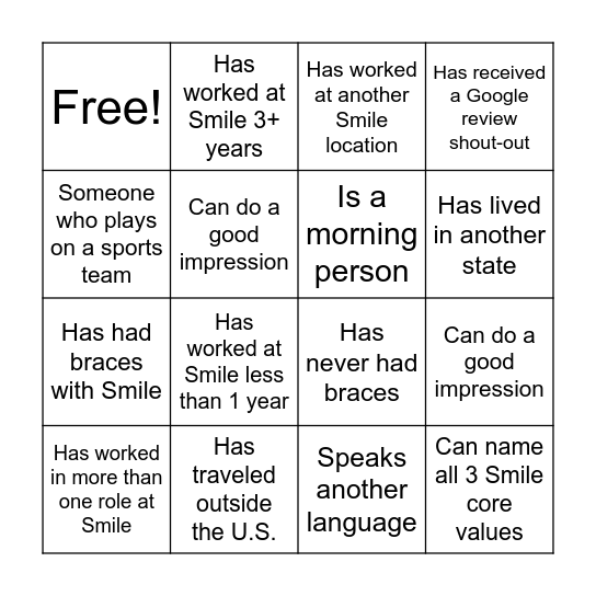 Smile Bingo Card