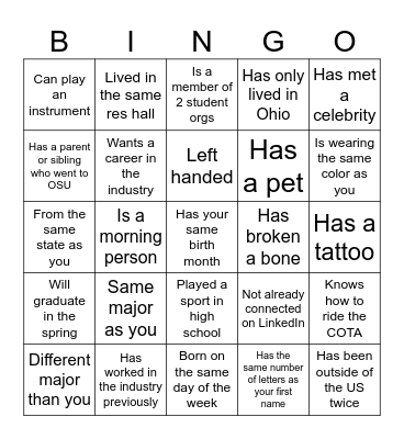Industry Immersion Program Bingo Card