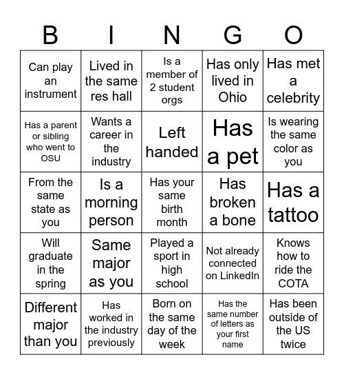 Industry Immersion Program Bingo Card