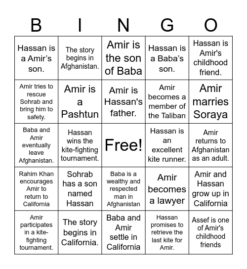 THE KITE RUNNER Bingo Card