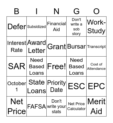College Financial Bingo Card