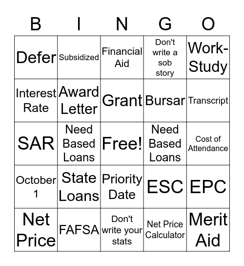 College Financial Bingo Card