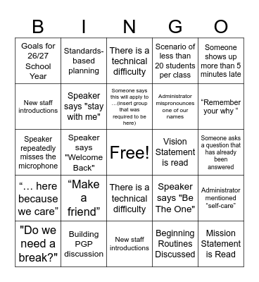 BACK TO SCHOOL PD Bingo Card