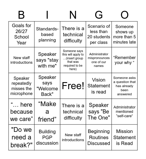 BACK TO SCHOOL PD Bingo Card