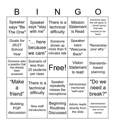 BACK TO SCHOOL PD Bingo Card