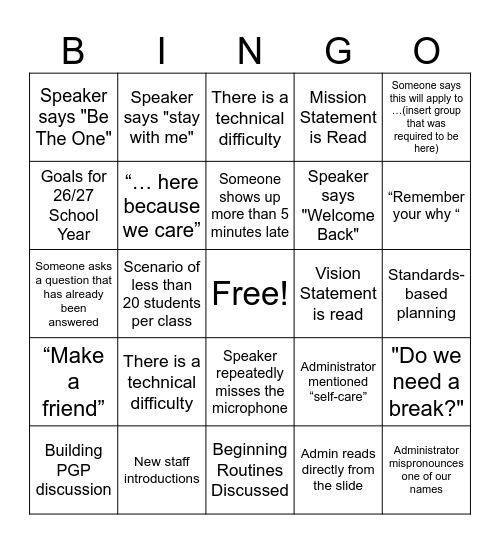 BACK TO SCHOOL PD Bingo Card