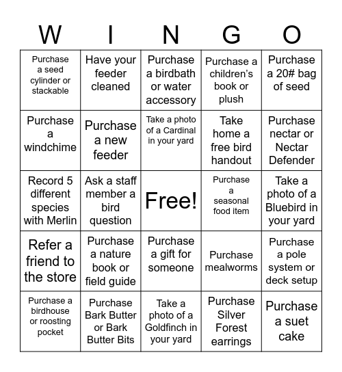 Wild Birds Unlimited Nature Shop Hendersonville Bingo Card