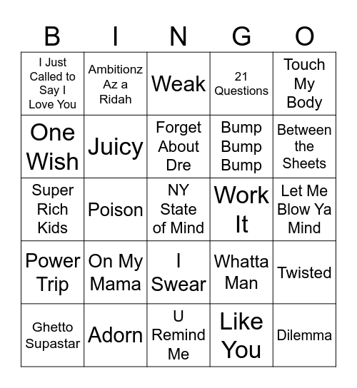 R&B/Hip-Hop Music Bingo #1 Bingo Card