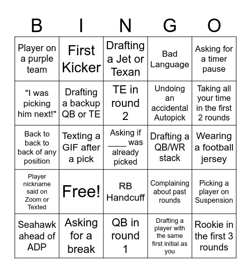 Fantasy Football Draft Bingo Card