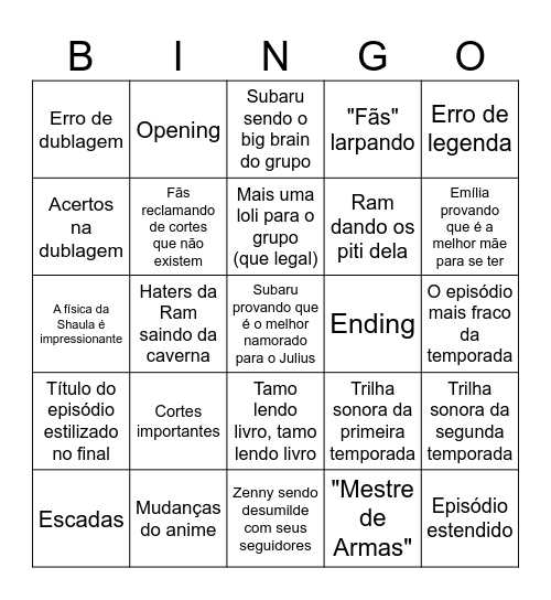 Eu apoio Subaru x Julius e cansei de fingir que não Bingo Card
