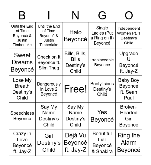Destiny’s Child to Queen Bey Bingo Card
