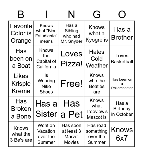Getting to Know You Bingo Card